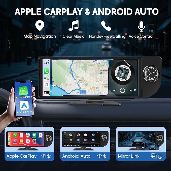 10.26" Wireless CarPlay Screen for Car, Portable Apple Car Play & Android Auto HD Touchscreen with 4K Dash Cam/1080P Backup Camera/GPS Navigation/Mirror Link/FM/Voice Control for All Vehicles