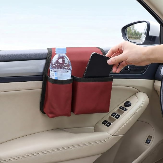 Car Window Armrest Storage Box, Comfortable Leather Vehicle Door Side Arm Rest Pad Organizer Bag, Multi-Function Automotive Window Armrest Storage Pocket, Universal for SUV Van Truck (Red)