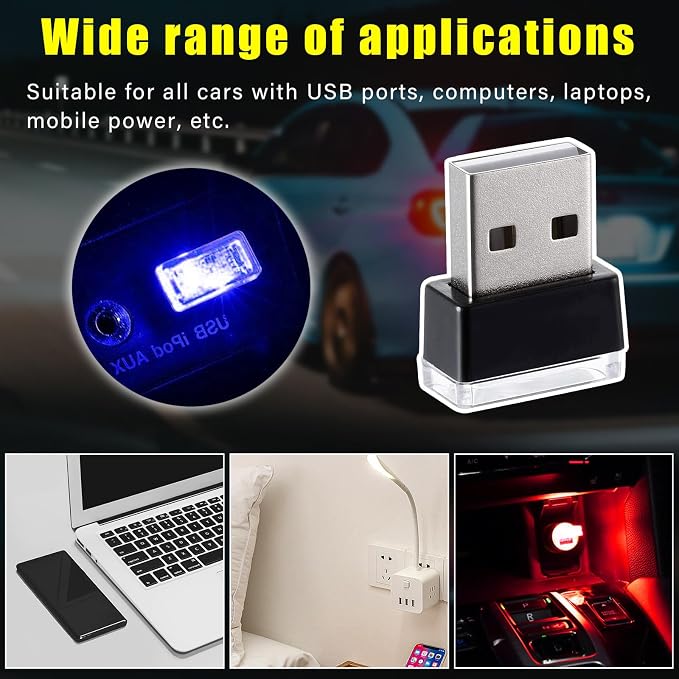 4 PCS USB LED Car Interior Atmosphere Lamp, Plug-in USB Decor Night Light, Portable Auto Ambient Lighting Kit, Universal Vehicle Interior Accessories for Most Cars (Red & Blue)