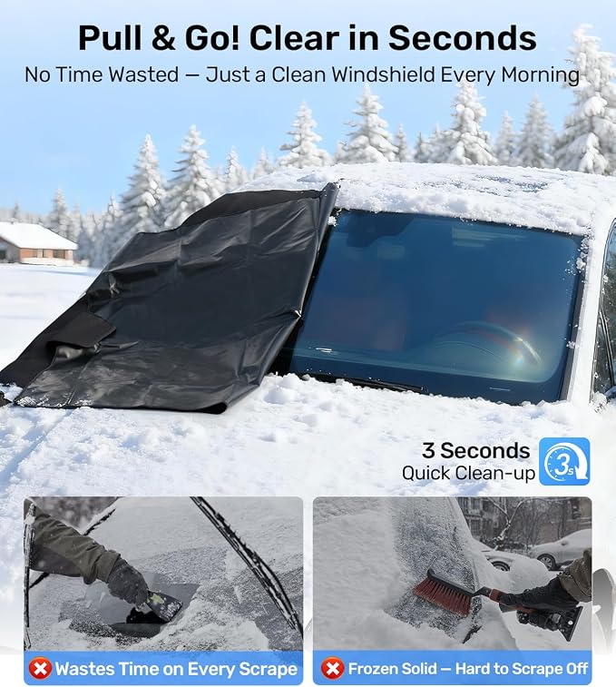 Upgrade Windshield Cover for Ice & Snow [Fast Install & Removal] 600D Oxford Fabric Against Magnetic Fit Snow, Ice, Frost, Winter Accessories - Fit for All Sedans/Cars - (69' x48'')