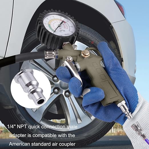 Tire Inflator with Pressure Gauge, 0-220PSI Dial Wheel Air Tire Pressure Gauge, Heavy Duty Rubber Hose with Quick Coupler, Air Compressor Tire Inflator Attachment for Cars Motorcycle Bike