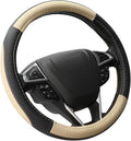 Car Steering Wheel Cover Universal Standard Size 14.5-15 inch, Black and Beige Microfiber Leather
