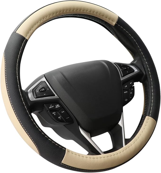 Car Steering Wheel Cover Universal Standard Size 14.5-15 inch, Black and Beige Microfiber Leather
