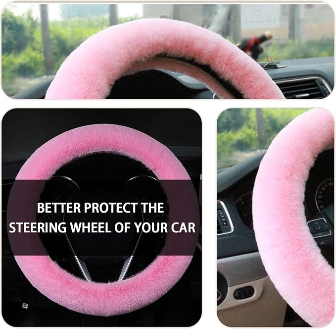 Fuzzy Steering Wheel Cover, 15 inch Soft Wool Fur Steering Wheel Protector, Fluffy Wheel Covers for Winter Warm, Car Interior Decoration Accessories for Women Men (Pink)