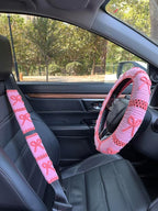 Handmade Crochet Pink Bow Car Steering Wheel Covers Universal 14-15 inch,Cute Steering Wheel Cover,Car Accessories (A: Wheel Cover+2Belt Cover)