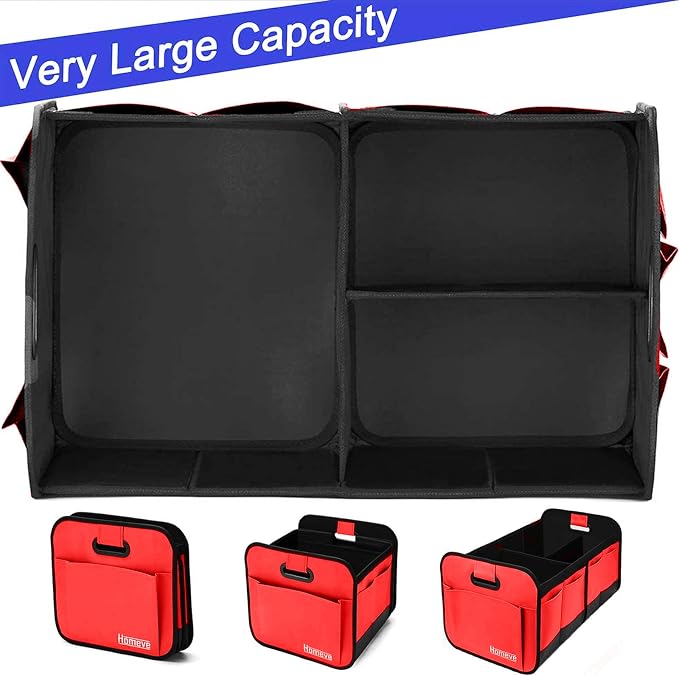 Car Trunk Organizer for SUV, 18.5Gal Large Capacity No-Sag Heavy Duty, Foldable Waterproof Anti-Slip Storage with 12 Pockets, Fit Sedan, Truck, Universal Car Accessories, Red, 2 Compart, Large