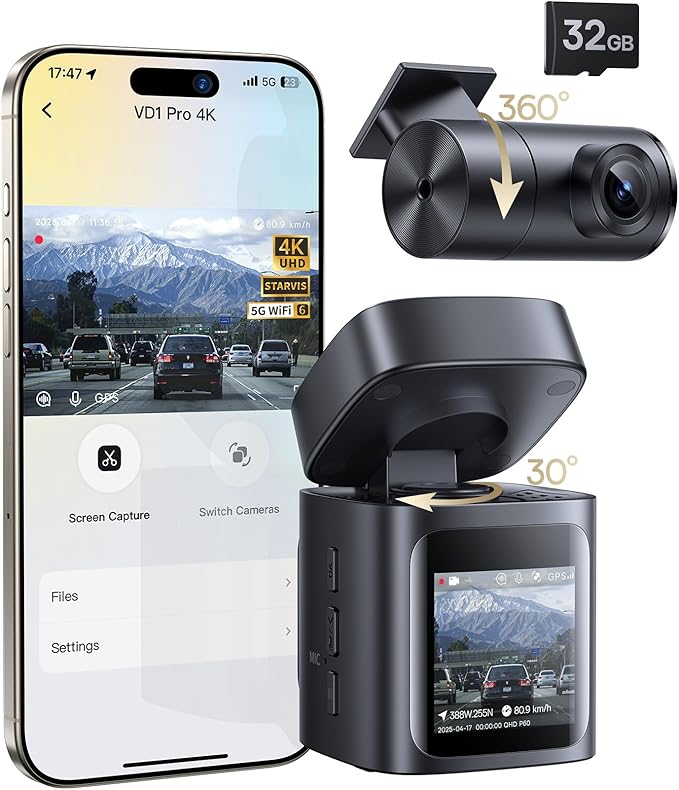 VD1 Pro Solar Dash Cam Front and Rear, 4K+1080P Dash Camera for Cars, Battery Powered Parking Mode, Starvis Night Vision, 32 GB Card Included, 5GHz WiFi, GPS, Wide Angle,Voice Control