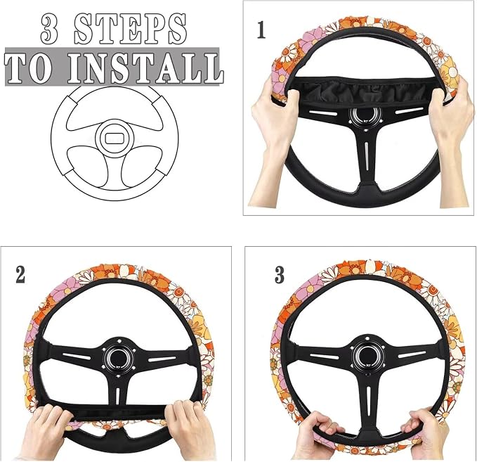 Retro Hippie Flower Pattern Universal Steering Wheel Cover Sweat Absorption Car Wheel Cover Polyester Cover with Anti-Slip Lining Car Decoration Fit Most Van Truck Car SUV