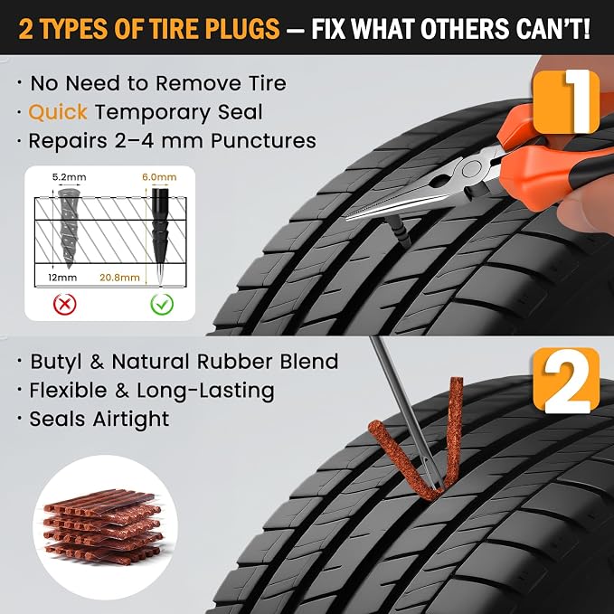 Heavy Duty Tire Plug Kit - 98pcs All-in-One Universal Tire Repair Kit for Tubeless Flats, Emergency Tire Patch Kit for Car, Truck, SUV, ATV, Motorcycle, Trailer & RV