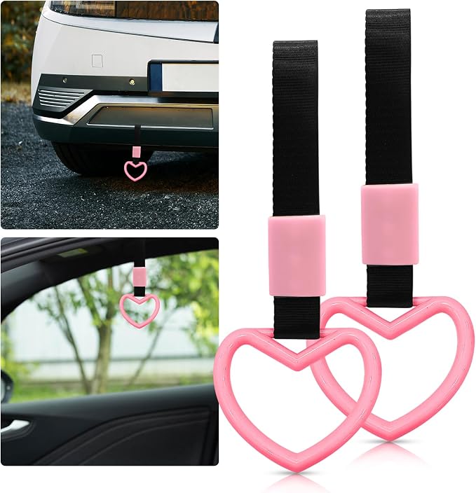 2 Pcs Heart Shaped Car Handle Strap – Drift Charm Rear Bumper Warning Ring Decor for Car Interior Exterior, Subway Bus Handle Accessory, Cute Heart Car Decor Gift for Women & Men (Pink)