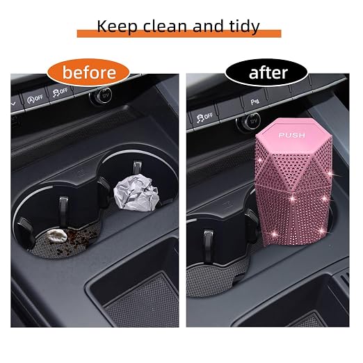 Bling Car Trash Can with Lid, Bling Car Accessories Trash Bin, Leakproof Auto Garbage Can with 30 Trash Bags, Multipurpose Organizers and Storage for Home, Office (Pink Diamond)