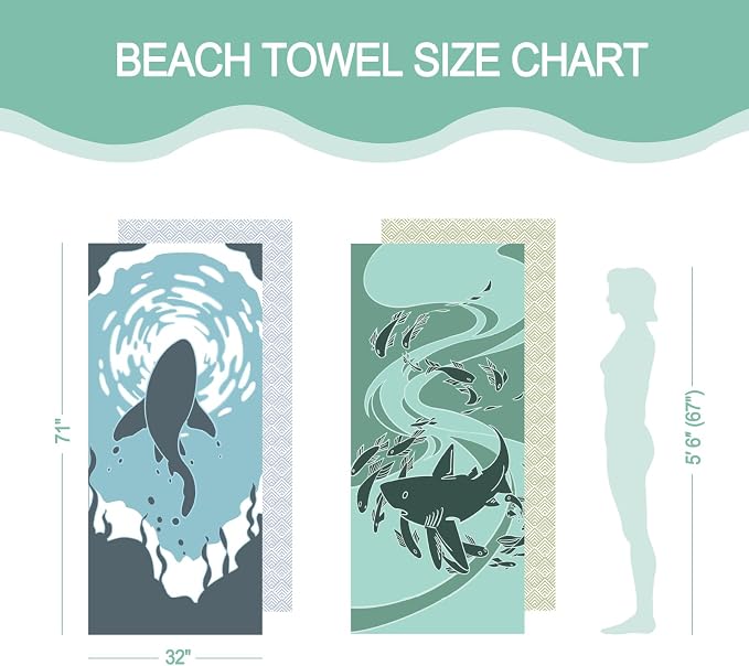 2 Pack Microfiber Beach Towel, Quick Dry Travel Towel Large Sand Free Towel for Beach, Camping, Swim Pool, Gym, Sports& Yoga 71"x32", Shark