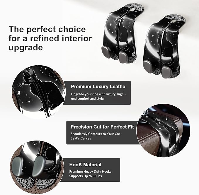 CoBak Purse Hook for Car - Universal Premium Stitched Leather and Aluminum-Magnesium Alloy Double Car Seat Back Storage Hook for Purses, Handbags, Bags (2 Pack),Mystic Night