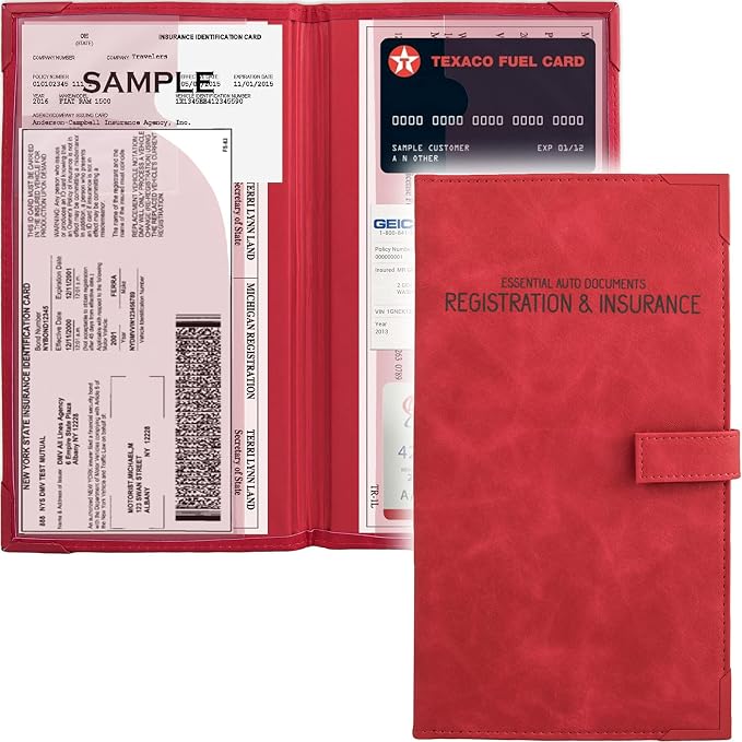 Registration and Insurance Card Holder - Car Organizer - Red | Vehicle Glove Box Document Organizer, Auto Essential Paperwork Holder for Contact Information Cards, Interior Car Accessories