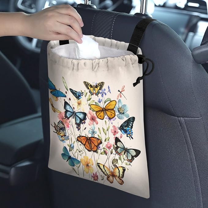 Car Trash Bag Hanging Back of Seat Waterproof Small Cute Printed One-Handed Strap Drawstring Garbage Bags for Car-Butterfly Wildflower