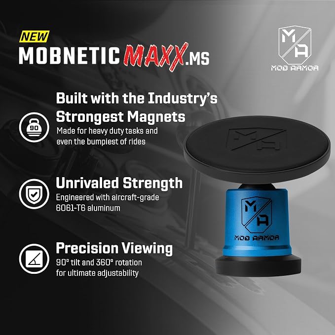 MobNetic Maxx MS - MagSafe Compatible Car Phone Mount w/ 90º Tilt, 360º Rotation & Durable Aluminum Build, Magnetic Holder for iPhone & Android Devices, USA Assembled - Blue