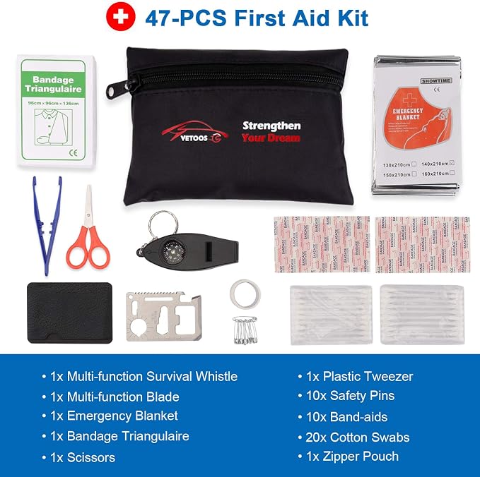 Roadside Emergency Car Kit with Jumper Cables, Auto Vehicle Safety Road Side Assistance Kit Essentials, Winter Car Kit for Women and Men, with Mini Car Tool Set, Dial Tire Pressure Gauge