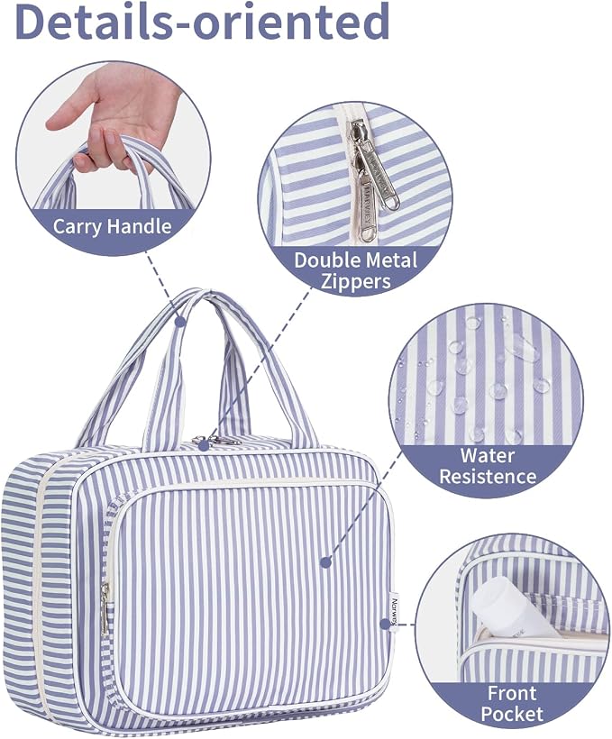 Striped Travel Toiletry Bag for Women Large Hanging Makeup Bag Organizer Toiletries Bag for Full Size Essentials Accessories Cosmetics (Greyish Blue Stripe (Large))