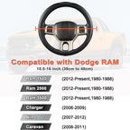 Customized Auto Car Steering Wheel Cover for Dodge RAM 1500 2500 3500, 15.5-16 inch (Black+Gray Line-Large Size)