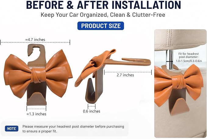 2 Pack Car Purse Holder for Handbags and Bags, Headrest Back Seat Hooks for Cars, Car Bag Hanger for Groceries, Coats, Umbrellas and Daily Essentials, Bow-Shaped Car Interior Organizer (brown)