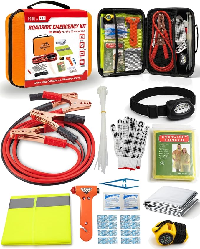 Car Emergency Kit – Roadside Safety Kit with Jumper Cables, LED Headlamp, First Aid, EVA Bag, Poncho, Safety Vest & More – Ideal for Cars, SUVs, Teen Drivers & Families