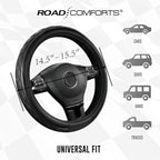 Leather Steering Wheel Cover – Black & Black, Universal Fit 14.5-15 Inch, Microfiber Leather, Anti-Slip & Breathable Design for Men and Women