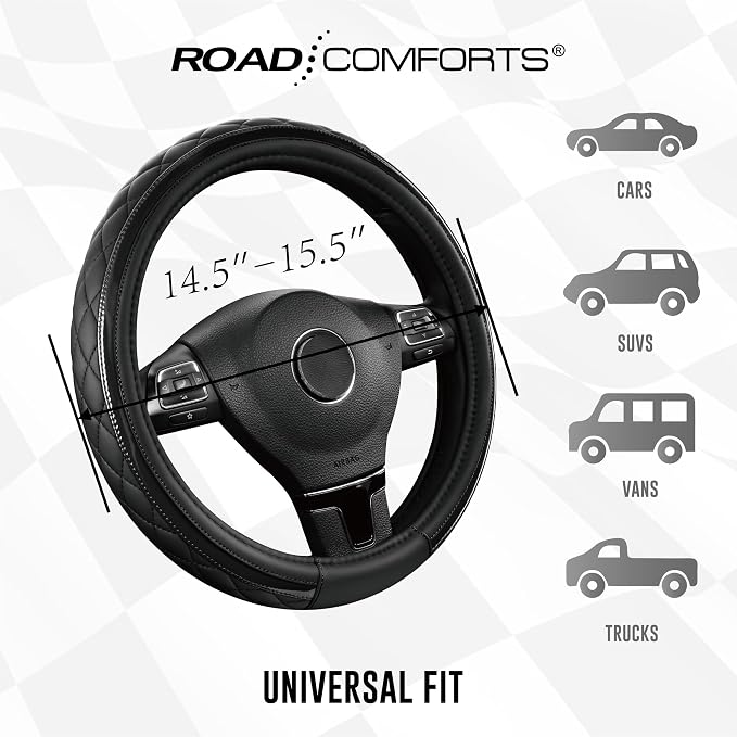 Leather Steering Wheel Cover – Black & Black, Universal Fit 14.5-15 Inch, Microfiber Leather, Anti-Slip & Breathable Design for Men and Women