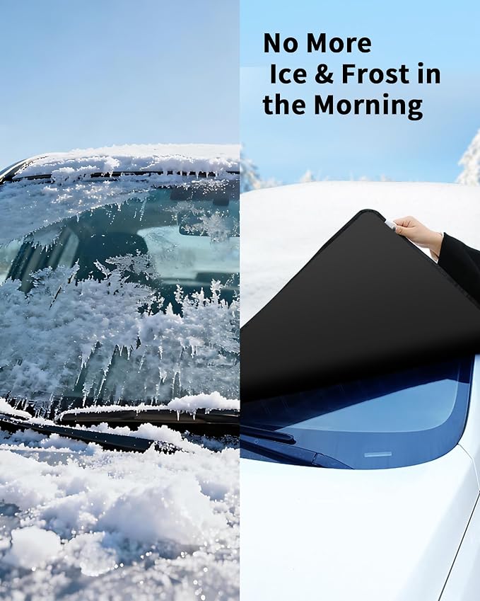 Snow Cover for Car Windshield, Snow Brush and Ice Scraper, Winter Front Window, Protects from Ice Snow Sun, Durable Car Hood Cover, Easy Install Automotive Exterior Accessories (B-Snow Cover-M-Kit)