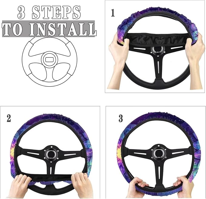 Automotive Steering Wheel Covers Universal Fit 14 to 15 inch, Purple Bohemian Flower Steering Wheel Protector with Cloth for Women Keep Warm Comfort Grip Sweat Absorption Neoprene