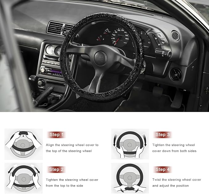Sun Walker Leather Car Steering Wheel Cover, 15" Anti-Slip Crocodile Pattern Wheel Protector with Rose Grain, Comfortable Grip Steering Wheel Protector Universal for Cars SUVs Trucks (Black)