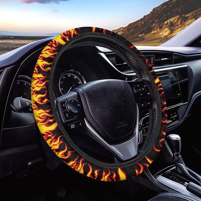 Flames Pattern Car Steering Wheel Covers Sweat Anti-Slip Soft Grip Universal 14-15 inch Stretch-on Fabric Steering Wheel Protector Fits Sedans SUV Vans Trucks Red