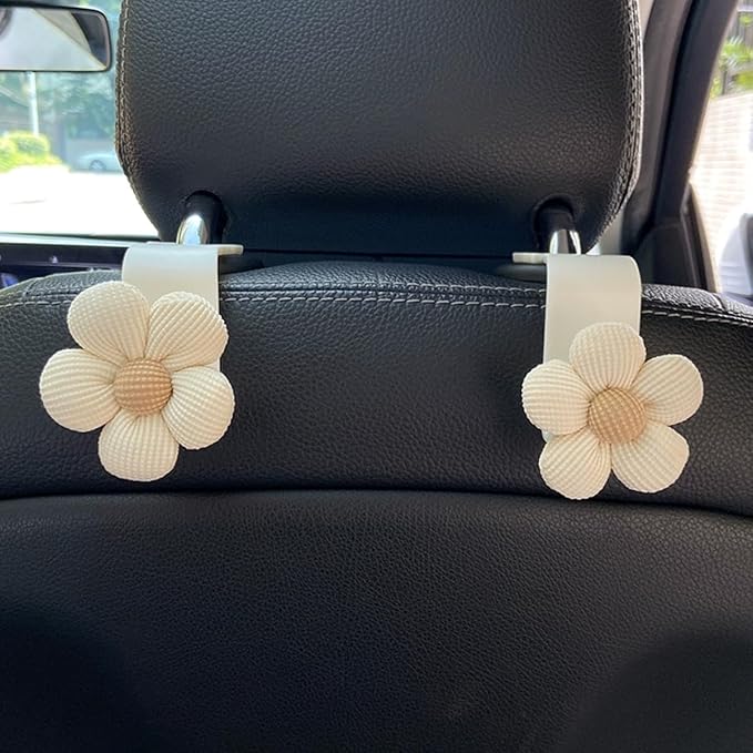 4PCS Car Headrest Hooks, Cute Flower Vehicle Seat Organizer Hooks for Purses and Bags, Portable Automotive Purse Hanger Holder Decoration, Universal for SUV, Sedan, Truck (Beige/White)