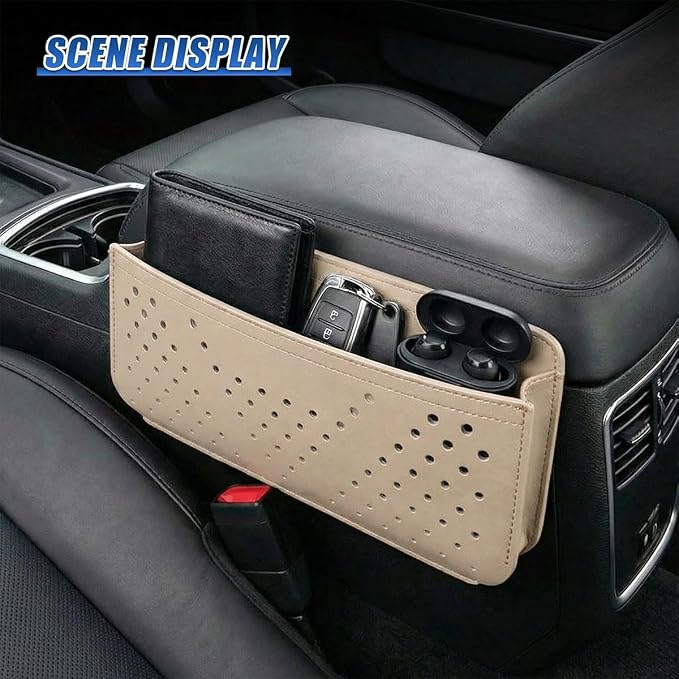 Car Seat Side Pocket Organizer, PU Leather Water-Resistant Car Console Storage Bag, Multifunctional Auto Interior Door Tray Pouch Organizer Accessories for Phone Keys Sunglasses (Beige)