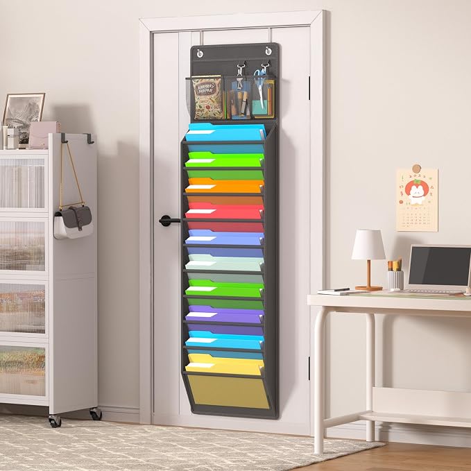 Over the Door File Organizer, Wall Hanging File Folders with 10 Large Pockets for Mails, Magazines, Back to School Supplies, Office Pocket Chart, Paper Organization (Gray)