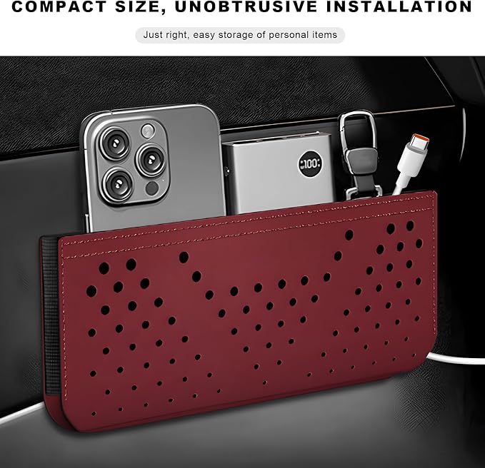 Car Seat Side Pocket Organizer, Auto Center Console Storage Pocket with Adhesive Tape, Multifunctional Leather Tray Pouch Sunglasses Holder for Car Seat Door Window (Wine Red)
