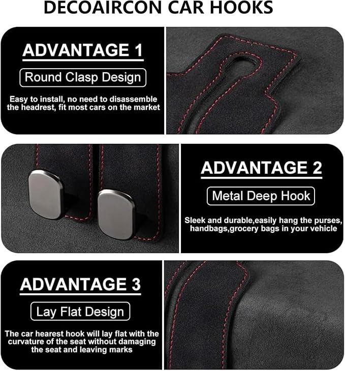 4 Pack Black Leather Car Headrest Hooks Purse Bag Storage Holders for Car Seats