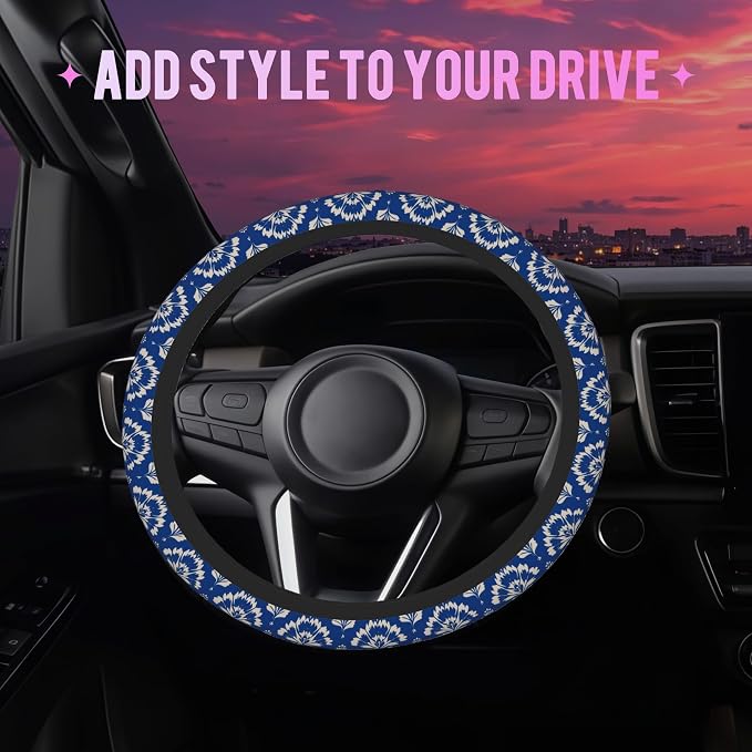 Blue Damask Flower Steering Wheel Cover for Women Men Neoprene Breathable Wheel Cover Protector Anti-Slip Car Accessories Universal 15 Inch Fit for Cars Trucks Vehicles