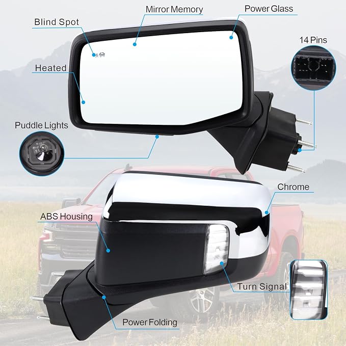 Left Driver Side Mirror Compatible With 2019-2025 Chevy Silverado 1500 With Power Glass Power Folding Heated Turn Signal Puddle Lights Mirror Memory Blind Spot Chrome Replace#84898867(14Pins)