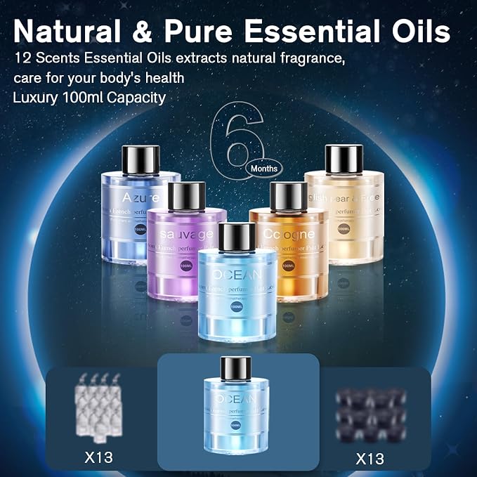 Smart Car Air Freshener, Car Air Freshener Diffuser with 100ml Perfume, Long Lasting Lasts 6 Months, RGB Music Syncing Light, Auto On/Off, 5 Adjustable Rechargeable Aroma Diffuser, New Car Smell