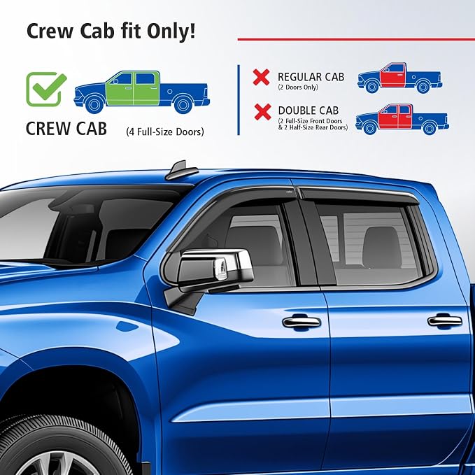 Goodyear Shatterproof Window Deflectors for Trucks Chevrolet (Chevy) Silverado/GMC Sierra 1500 2019-2026 Crew Cab, Tape-on Rain Guards, Vent Deflector, Vent Visor, Truck Accessories, 4pcs - GY008941