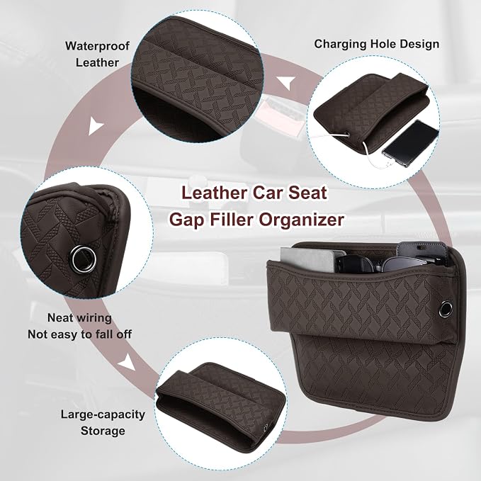 2pcs Car Seat Gap Filler Organizer 11.5 x 8 x 2.1 Inch Leather Universal Car Organizer Storage Box Between Seat and Console for Phone Sunglasses Keys, Coffee