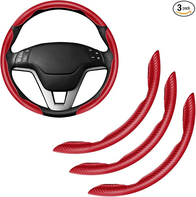 3pcs Carbon Fiber Anti-Skid Steering Wheel Cover, Waterproof & Segmented Butterfly Design, Universal 99% Vehicle Wheel Cover Protector, Car Interior Accessories (Red-3pcs)