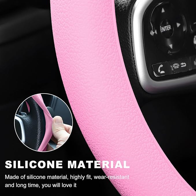 Car Steering Wheel Cover, 13 to 14.17 inches Anti-Slip Silicone Steering Wheel Protector, Soft Flexible Shock-Absorbent Steering Wheel Protective Cover for Most Car Models (Pink)