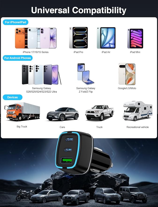 75W USB C Car Charger, 3-Port Super Fast Charging PD 3.0 & QC 3.0 Cigarette Lighter Adapter for iPhone 17/16/15 Pro Max, Samsung Galaxy S26/S25/S24 Ultra, with 4Pack 3FT+6.6FT Type C Cable
