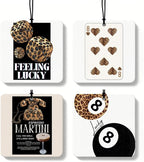 Trendy Leopard Print Lucky 8 Ball Orange Car Air Freshener 4 Pcs, Cheetah Dice Poker Square Hanging Air Freshener for Closet Drawer Books, Girly Y2k Car Accessories Mirror Decor for Women