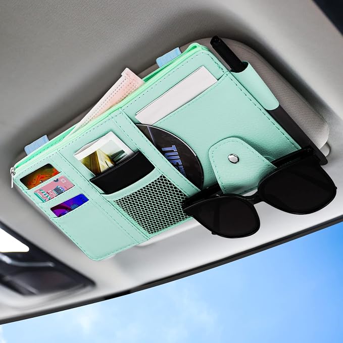 Car Sun Visor Organizer, Leather Pocket Organizer Sunglass Holder for Car Interior Accessories with Multi-Pocket Net Zipper (Blue)