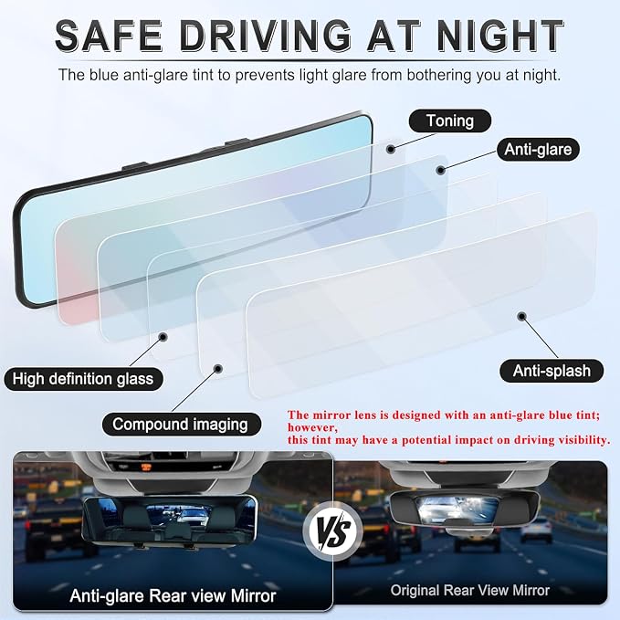 Anti Glare Rear View Mirror, Universal 11.3'' (287mm), Wide Angle Panoramic Convex Rearview Mirror, Clip-on to Original to Eliminate Blind Spot and Antiglare for Cars SUV Trucks
