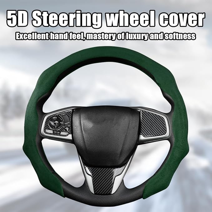 Mandark Car Steering Wheel Cover, Suede Sport Vehicle Steer Wheel Protector Fitting 15 Inch, Non-Slip Comfortable Automotive Interior Decoration Accessories, Universal for Most Cars (Black Green)
