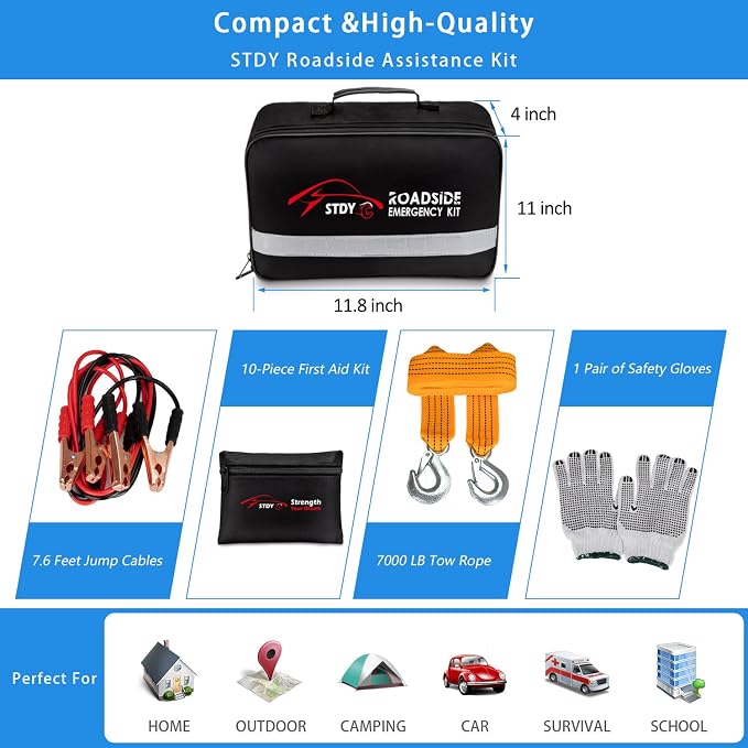 Car Roadside Emergency Kit, Vehicle Truck Safety Road Side Assistance Kits Auto Accessory, with Jumper Cables, Car Vacuum, etc