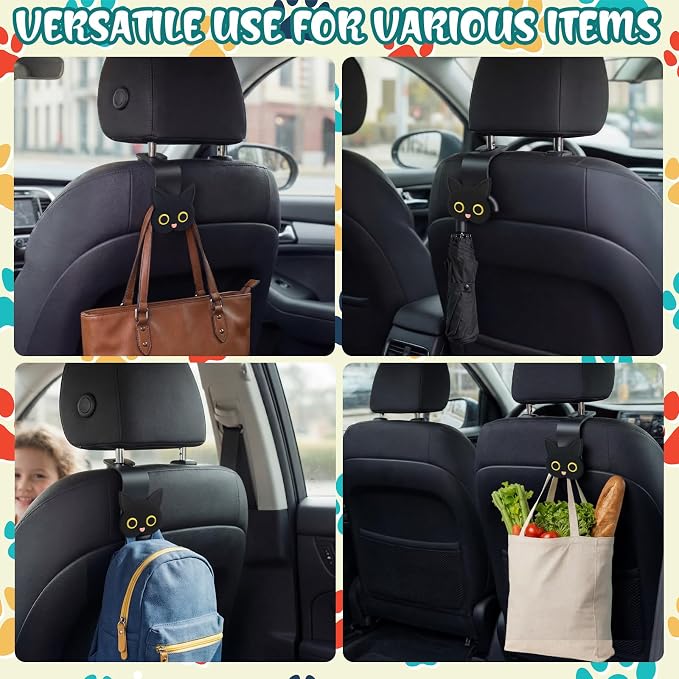 Novabright 4 Pcs Black Cat Car Seat Headrest Hooks Cute Cartoon Cat Car Seat Back Organizer Vehicle Headrest Hangers Automobile Storage Accessories for Handbags Purses Grocery Bags Coats Umbrella
